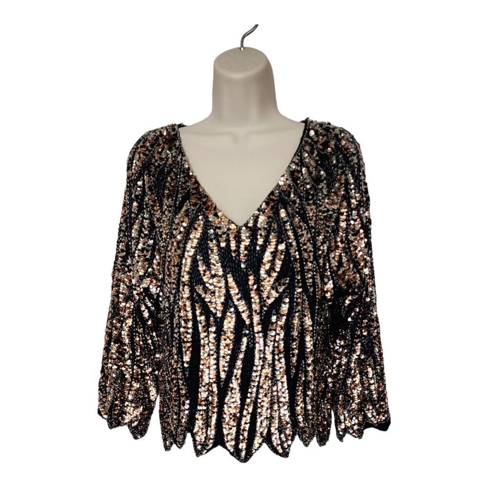 Oleg Cassini V-Neck Scalloped Black Jewel Beaded Sequin Silk Top Size Small